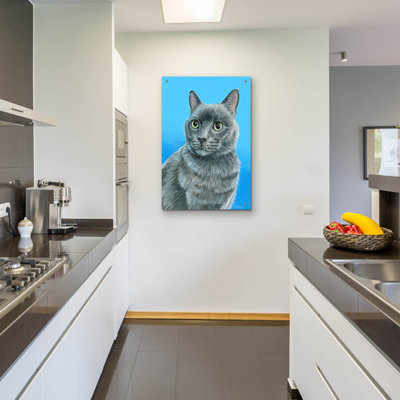 «Grey Cat» par Rebecca Wang, art mural en verre acrylique, 24 po x 36 po
