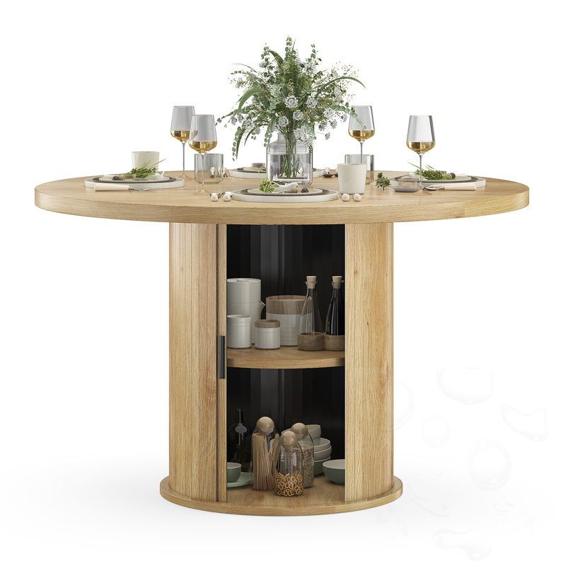 Round Dining Table With Cabinet, Natural