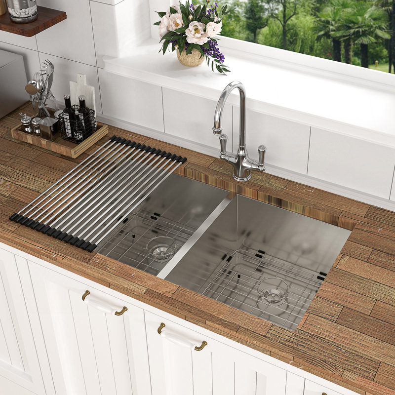 Undermount Double Bowl Kitchen Sink 50/50 In 16 Gauge Stainless Steel With Deep 9-Inch Basins For Efficient Multi-Tasking.
