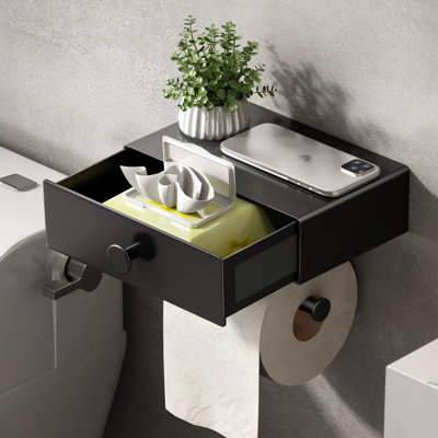 Toilet Paper Holder With Shelf Black Wipes Dispenser For Bathroom Toilet Paper Holder With Storage Upgrade Drawer Design Toilet Tissue Holder Adhesive Small Bathroom Shelf Wall Mount