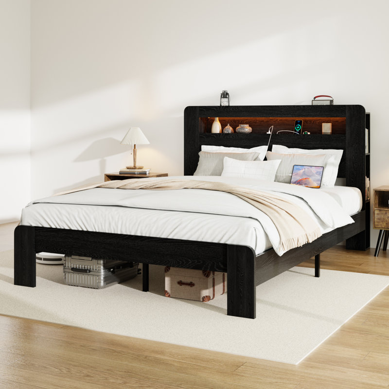 Bed Frame Wood Platform Bed Frame With Storage LED Light Headboard And 2 USB , Noise Free,No Box Spring Needed And Easy Assembly Tool,Large Under Bed Storage