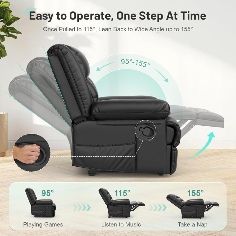 80cm Wide Wall Recliner Home Theatre Recliner with Massager, PU Black