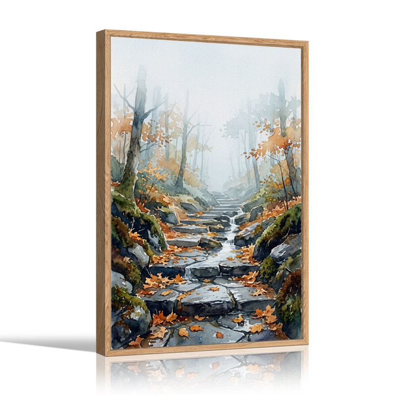 Art mural sur toile Misty Autumn Forest Stream with Stone Steps, H 24 po x l 18 po