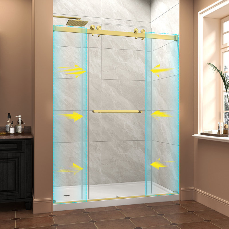 56-60"Wx76"H Sliding Glass Shower Door with 5/16" Clear Tempered Glass, Chrome Hardware, Brushed Gold