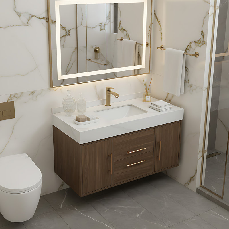 Ensemble de meuble-lavabo mural 39,4 po avec surface en noyer fritté et lavabo encastré en céramique, Walnut, Gold/White