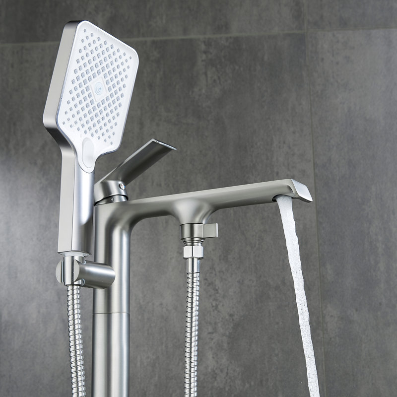Single Handle Floor Mounted Freestanding Tub Filler Faucet with Handshower, Brushed Nickel