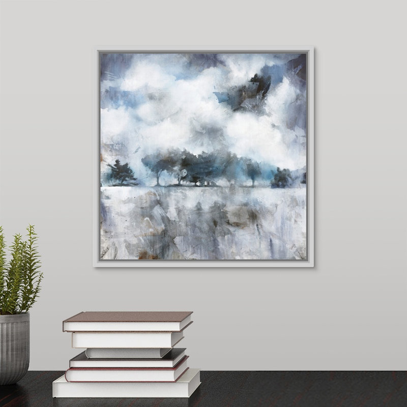 « obscurcied blues », peinture sur toile, H 13,7 po x l 13,7 po x p 1,75 po, Cadre flottant blanc