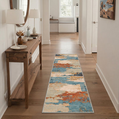 Abdul Abstract Landscape Machine Washable Teal / Rust Indoor Area Rug With Non-Slip Backing