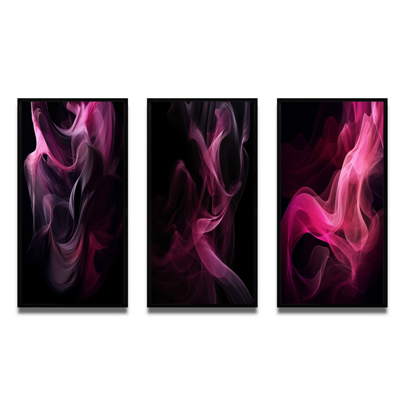 "Rose et noir", 3 pièces sur toile, Cadre flottant noir, H 20 po x l 36 po