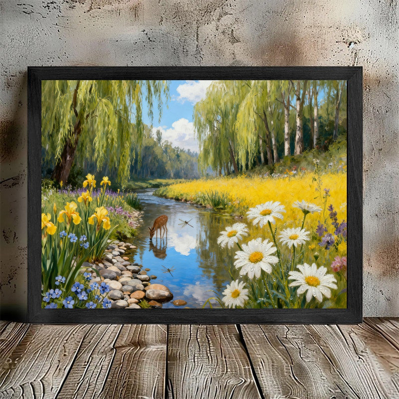 Cerf noir et art floral, impression de paysage impressionniste, H 9 po x l 11 po