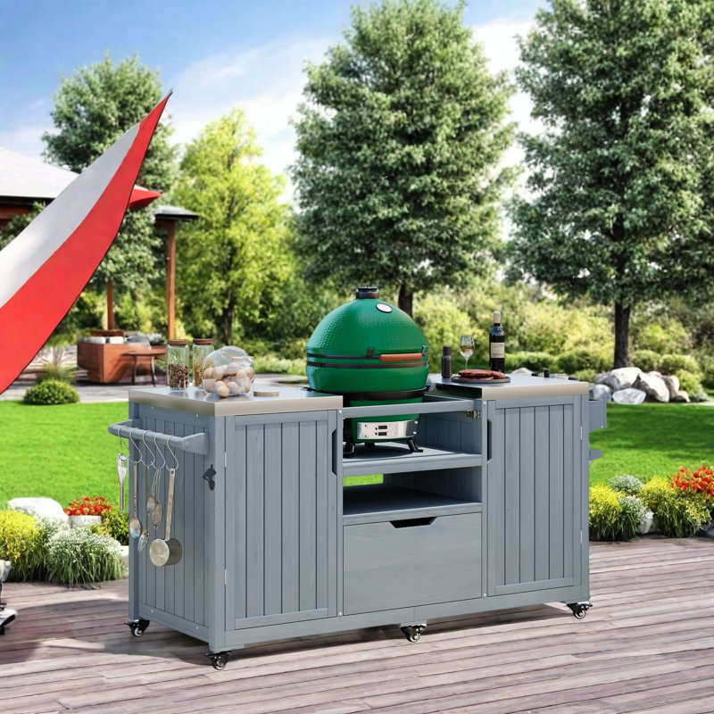 Outdoor Grill Cart With Fir Wood Construction, Adjustable Middle Shelf, Ample Storage & Mobility, Spice Rack, Paper Towel Holder, And S-Hooks