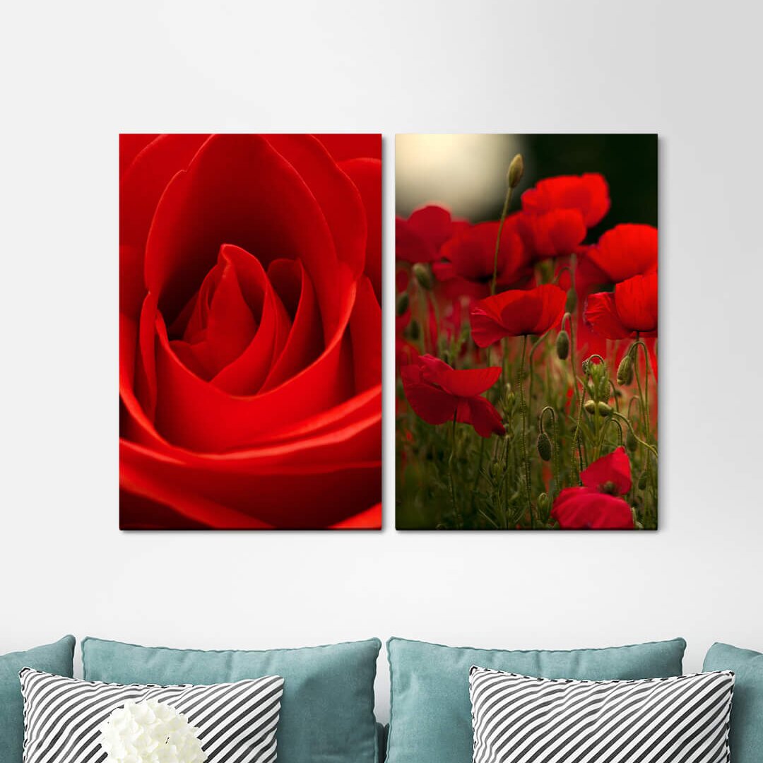 2-tlg. Leinwandbilder-Set Rose Poppies Red Love Romantic