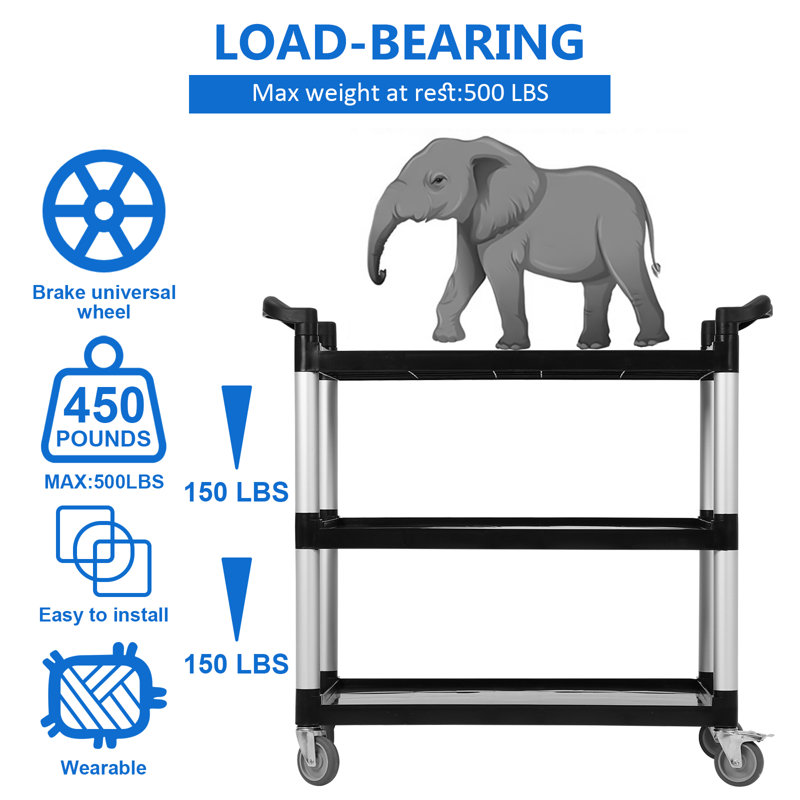 Heavy Duty Black and Silver 3-Tier Rolling Utility Cart