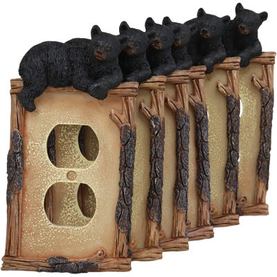 Ebros Set Of 2 Novelty Woodland Rustic Forest Black Bear By Branch Twigs Wall Light Cover Plate Hand Painted Sculpted Resin Home Decor Accessory (6, Double Outlets)