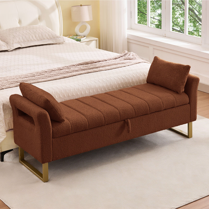 Lunara 66"W Upholstered Flip Top Teddy Storage Bench King Size with Gold Legs,Curverd Armrest and 2 Pillows , Brown, 67"W
