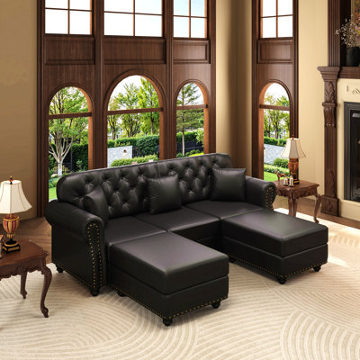 Canapé Chesterfield 82,6 po rembourré en similicuir avec garniture cloutée et accoudoirs roulés, canapé Mid-Century moderne capitonné avec boutons