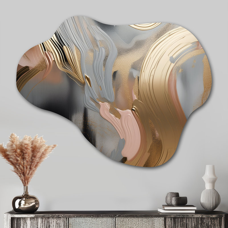 «Gold and Pink Vibrant Swirls IV», art mural en métal asymétrique en marbre pour le salon, impression d'art en métal nuage doré