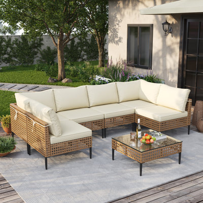 Ensemble de conversation de patio en osier tressé à la main 7 pièces avec coussins, canapé d'angle modulaire extérieur 6 places