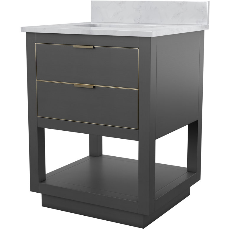 Ensemble de meuble-lavabo simple 25 po Allie, Marbre blanc de Carrare / or, Blanc