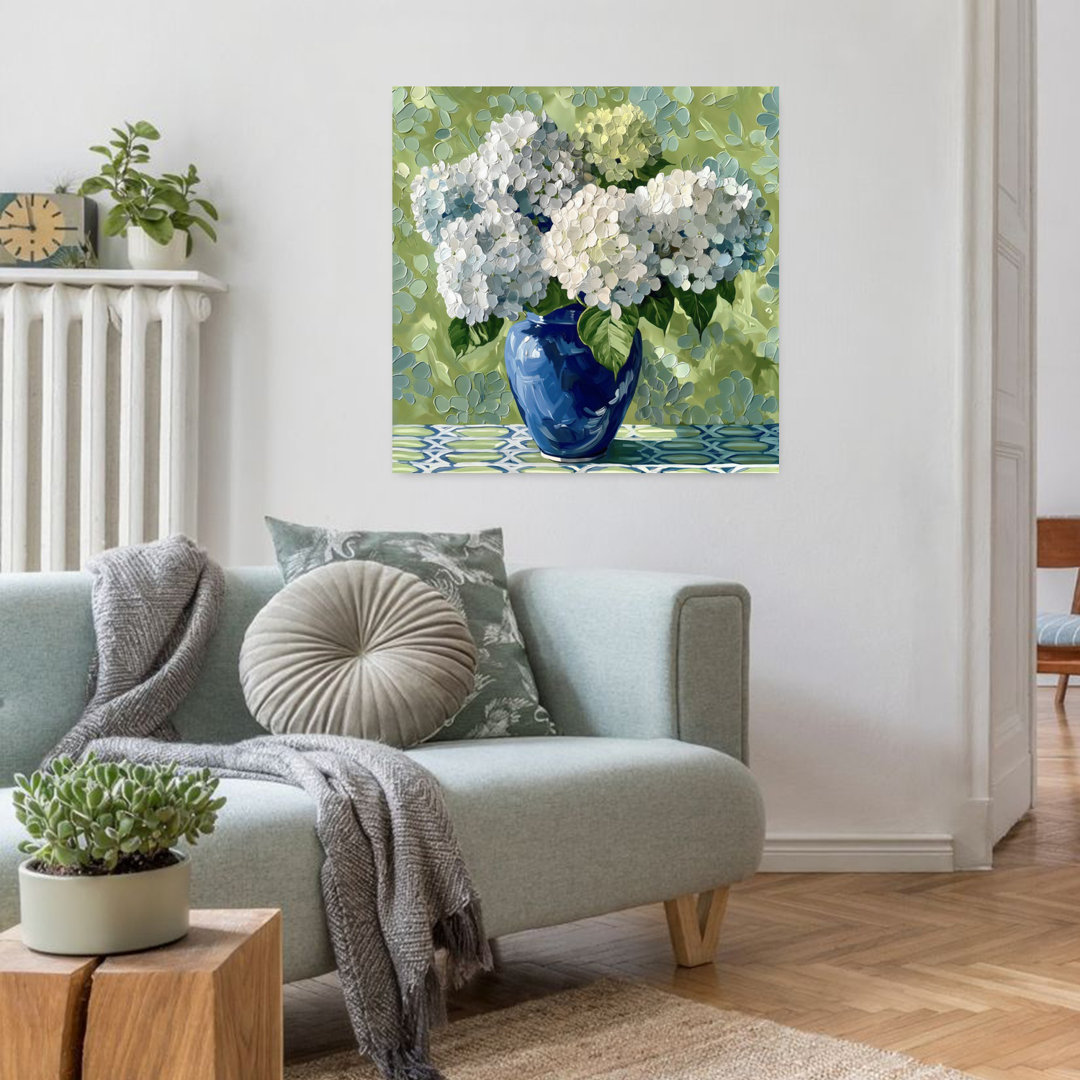 White Hydrangeas Blue Vase Contemporary Elegant Geometric Hydrangea Flower Nature Wall Art Print