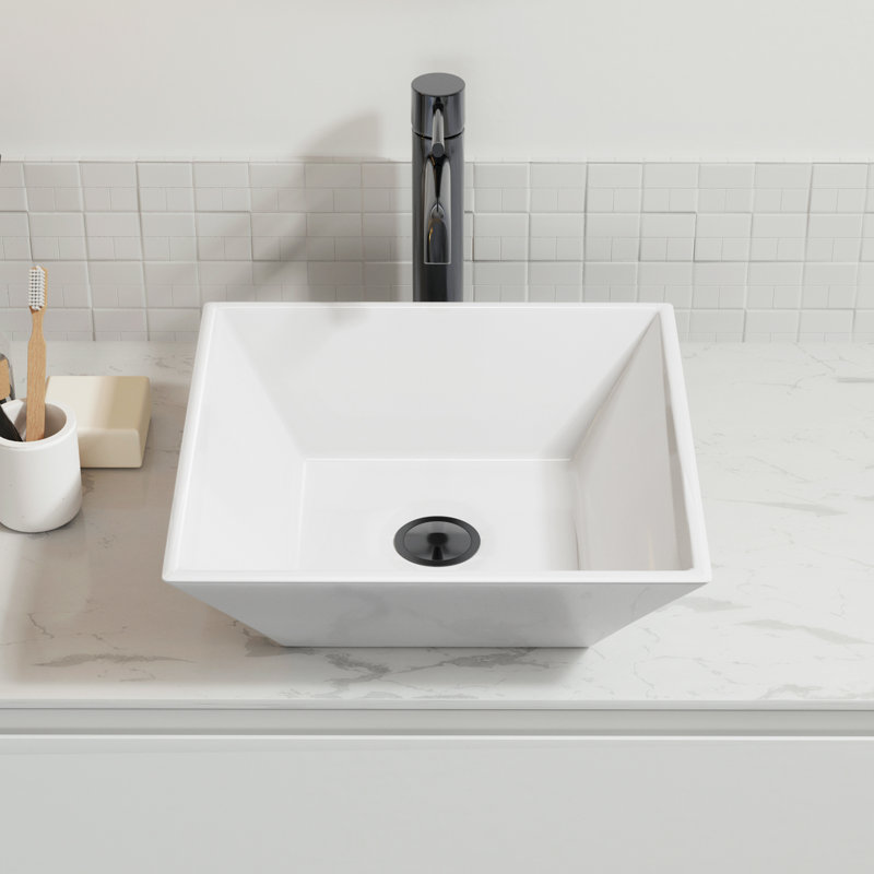 Sinber 16" x 16" x 4.92" White Square Ceramic Above-Counter Bathroom Vessel Sink