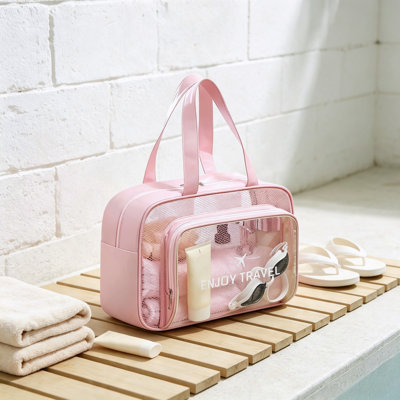 2 Pack Gray And Pink Clear Waterproof Sandproof Carry On Toiletry Bag Large Capacity Double Compartment Zipper Cosmetic Organizer Tote Bag For Travel Gym Shower Beach Outdoor Activities