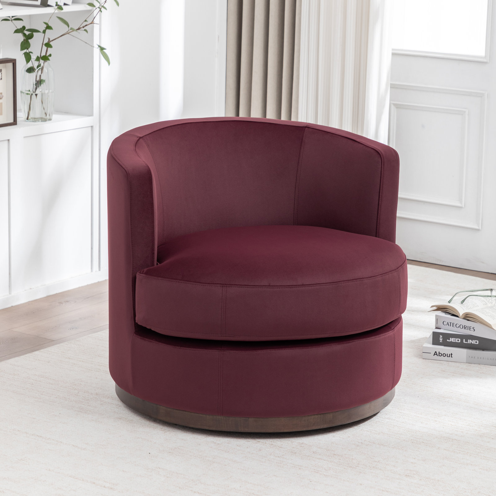 Arabella Swivel Barrel Chair, Merlot Rose Performance Mohair