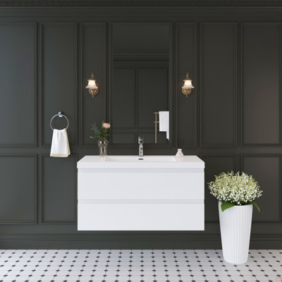 Meuble-lavabo flottant 42 po avec lavabo, meuble-lavabo mural avec lavabo à surface solide et tiroirs à fermeture en douceur entièrement assemblés