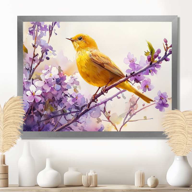 Art mural, oiseau chanteur dans le jardin II, Argent argent, Cadre simple, H 12 po x l 20 po