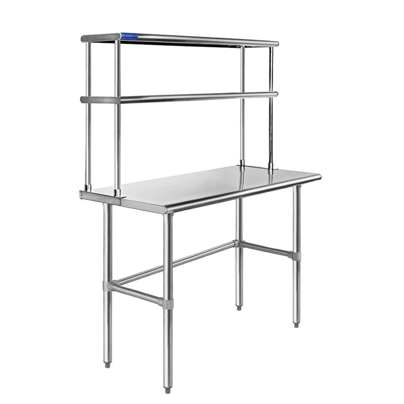 Table ouverte en acier inoxydable avec tablette à deux niveaux, H 67 po x l 24 po x P 30 po