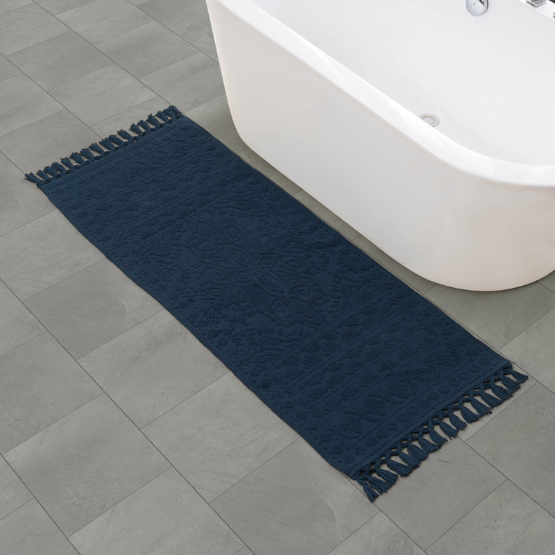 French Connection Nellore Fringe Machine Washable Cotton Bath Rug, Navy, 64" L x 24" W