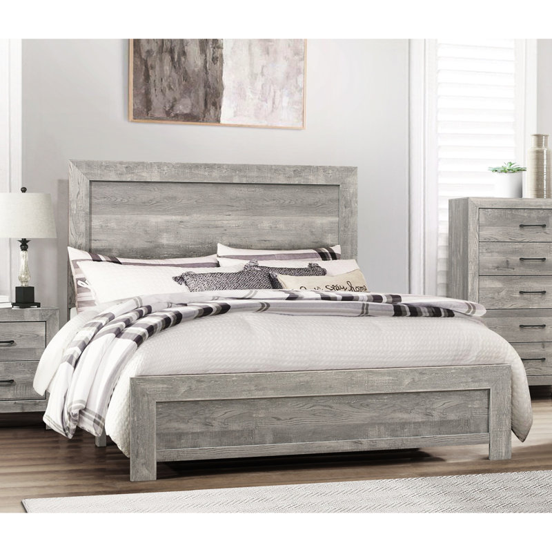 Très grand lit rustique gris, chambre en bois d'ingénierie avec rails et placage