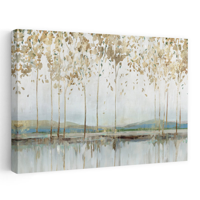 Golden Whisper, paysage abstrait, arbre, nature, peinture, art contemporain, H 48 po x l 32 po