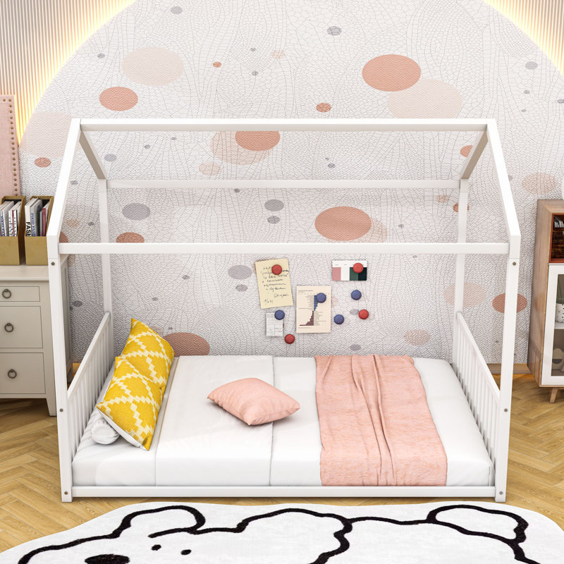 Metal House-Shaped Floor Bed With Safety Guardrails, Full, White