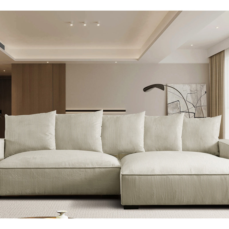 Canapé modulaire en L avec siège rembourré en plumes et revêtement en velours côtelé, Velours côtelé ivoire