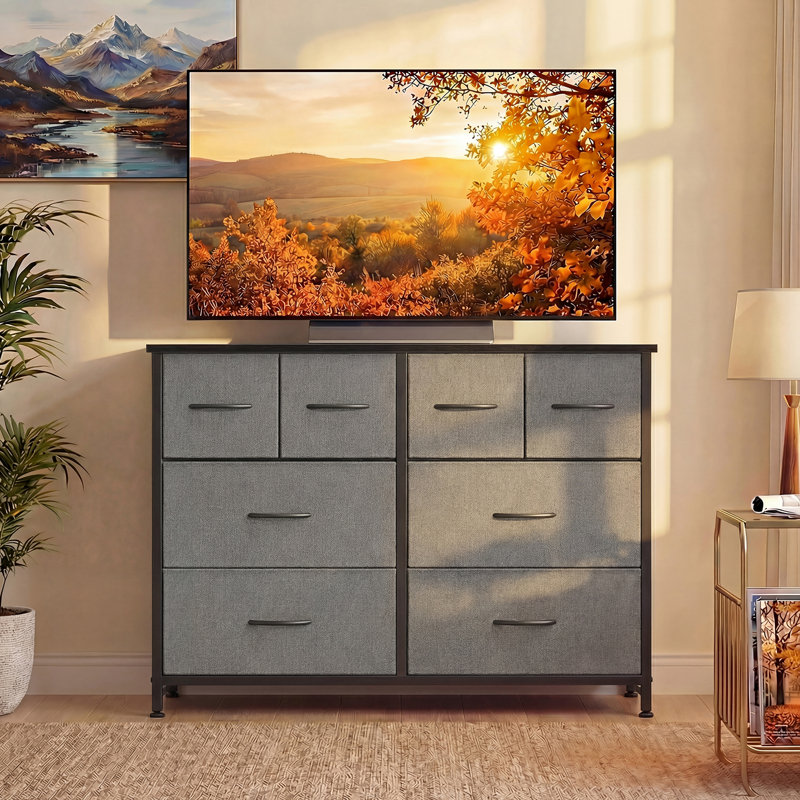 8-Drawer Fabric Dresser, 30"H Storage Chest with Wood Top, Gray