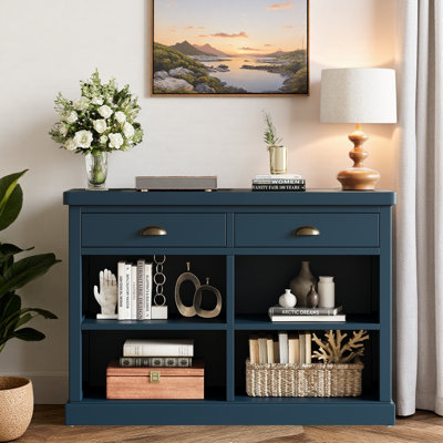 Console Farmhouse avec 2 tiroirs et 4 tablettes ouvertes
