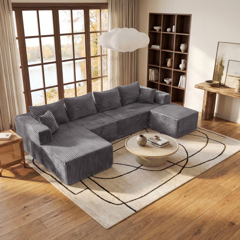 Canapé modulaire à compression de 118 po, ensemble de canapé en flanelle moderne en forme de U, ensemble de 4 canapés à assise profonde et canapé contemporain