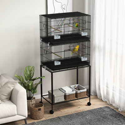 Double cage à oiseaux empilable avec support, contenants alimentaires et tablette de rangement. Pour les inséparables. Acier, balançoire en bois. Grand support pour canari noir L 29,44 po x l 17,6 po x H 64,5 po - Espace