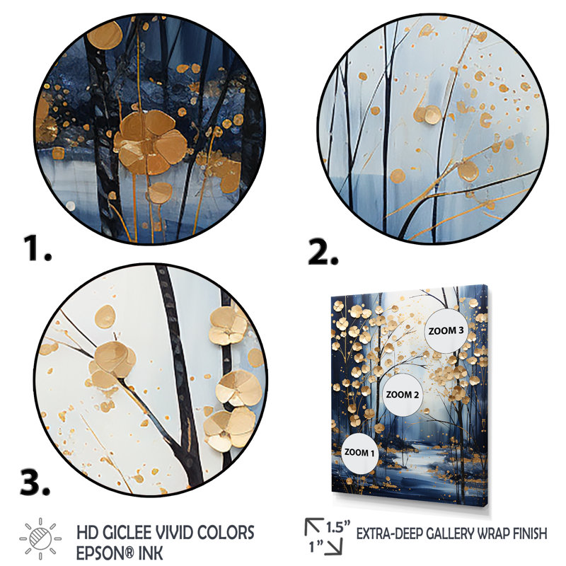 Or et érable bleu forêt d'hiver II - arbre érable, art mural, H 44 po x l 34 po x P 1,5 po, Cadre simple noir