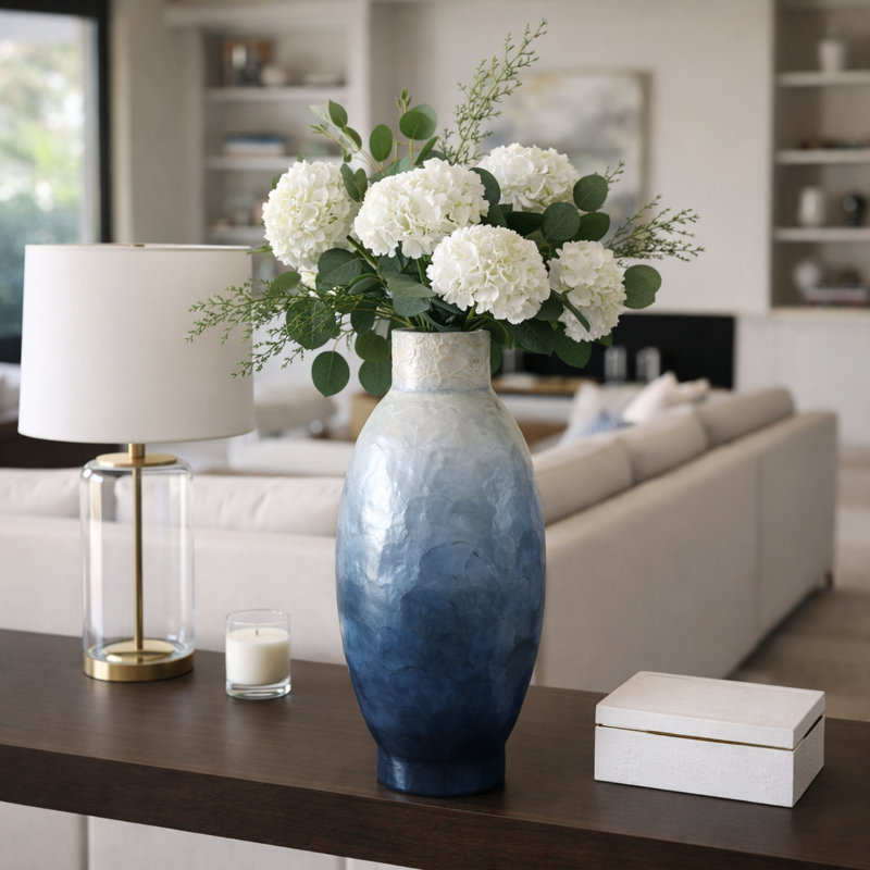 Elegant Ombre Design Capiz Vase - Decorative Tall Table Vase For Home Decor - Textured Flower Vase For Living Room Or Entryway Displays - Ivory & Blue