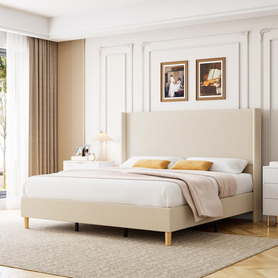 Upholstered King Size Bed Frame, Corduroy King Bed Frame with Wingback Headboard, Bed with Wooden Slats,  No Box Spring Needed, Noise Free, Beige