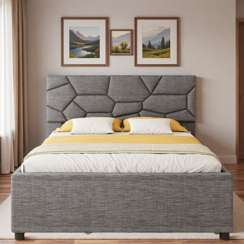 Upholstered Platform Bed With Brick Pattern Headboard And Trundle, Gris