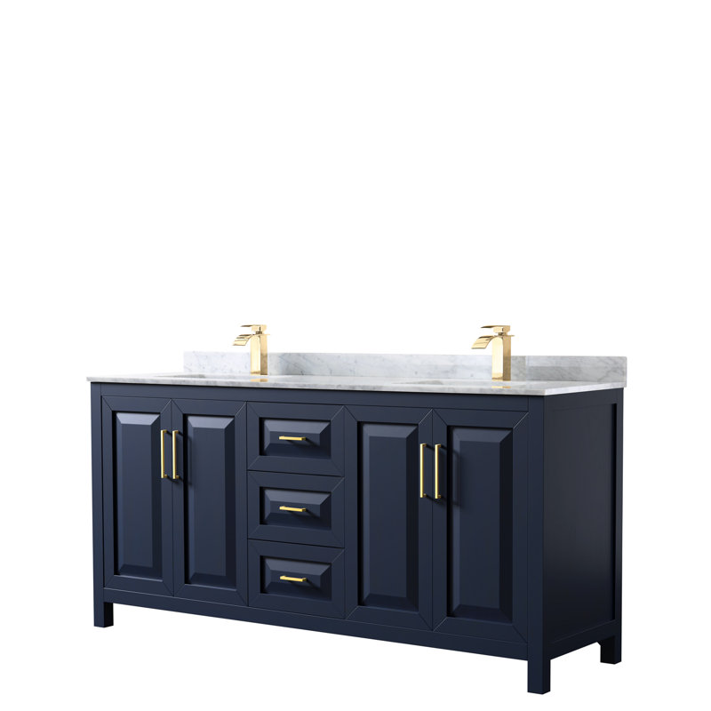 Daria 72'' W Double Vanity, White Cultured Marble, Dark Blue, Brushed Gold