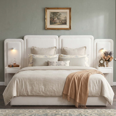 Modern King Velvet Upholstered Lift-Up Storage Platform Bed with LED Lights, Floating Nightstands and Tall Vertical Tufted Headboard, White