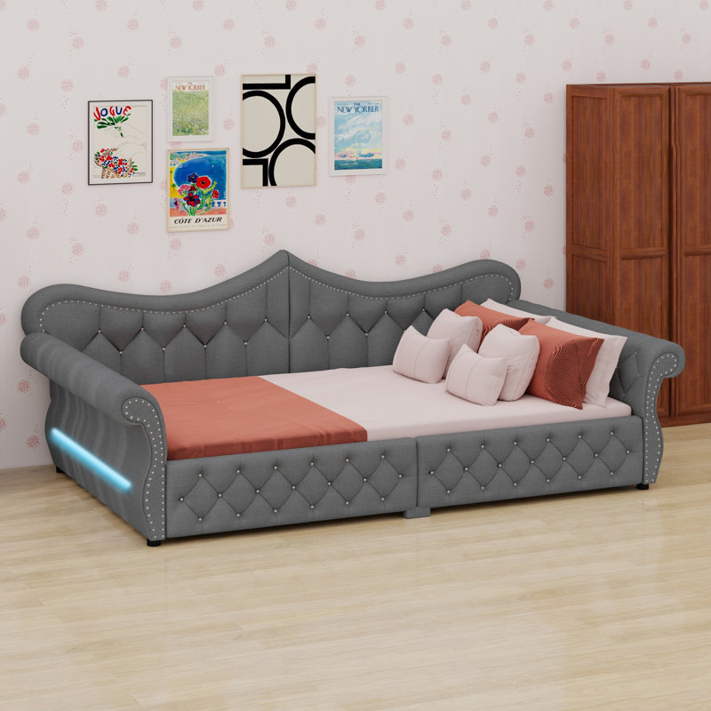 Modern Upholstered Daybed with LED and Nail Head Detailing, Gray