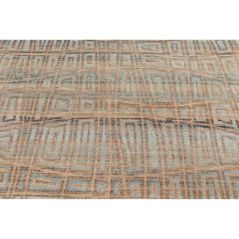 High-Quality Hand-Knotted Orange And Grey Area Rug, Rectangle 8' x 10'