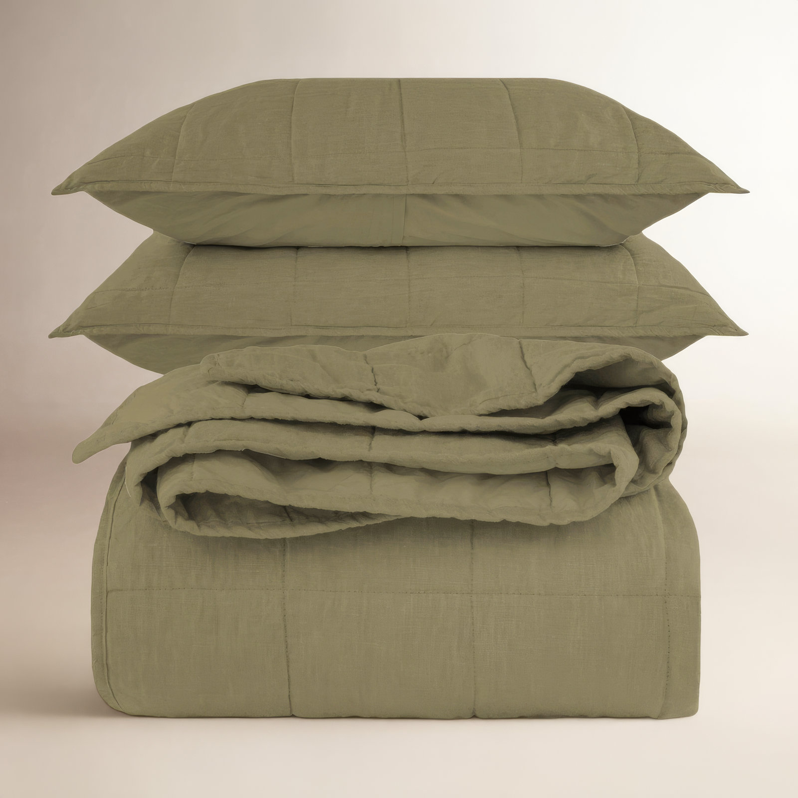 French Linen Box Stitch Quilt & Sham Set, Moss, King Quilt + 2 King Pillow Shams