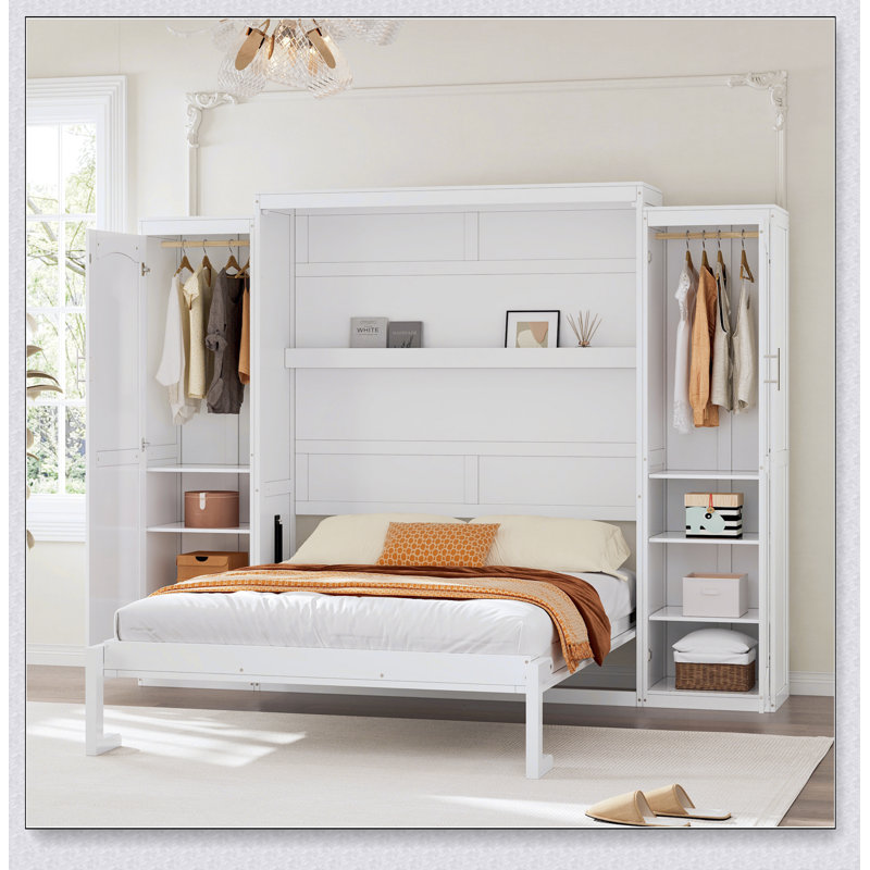 Lit escamotable double avec garde-robe et tablette de rangement, cadre de lit plateforme pliable multifonctionnel