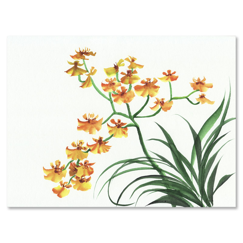Orchidées jaunes rétro - peinture sur toile, H 16 po x l 32 po x p 1 po, Toile tendue